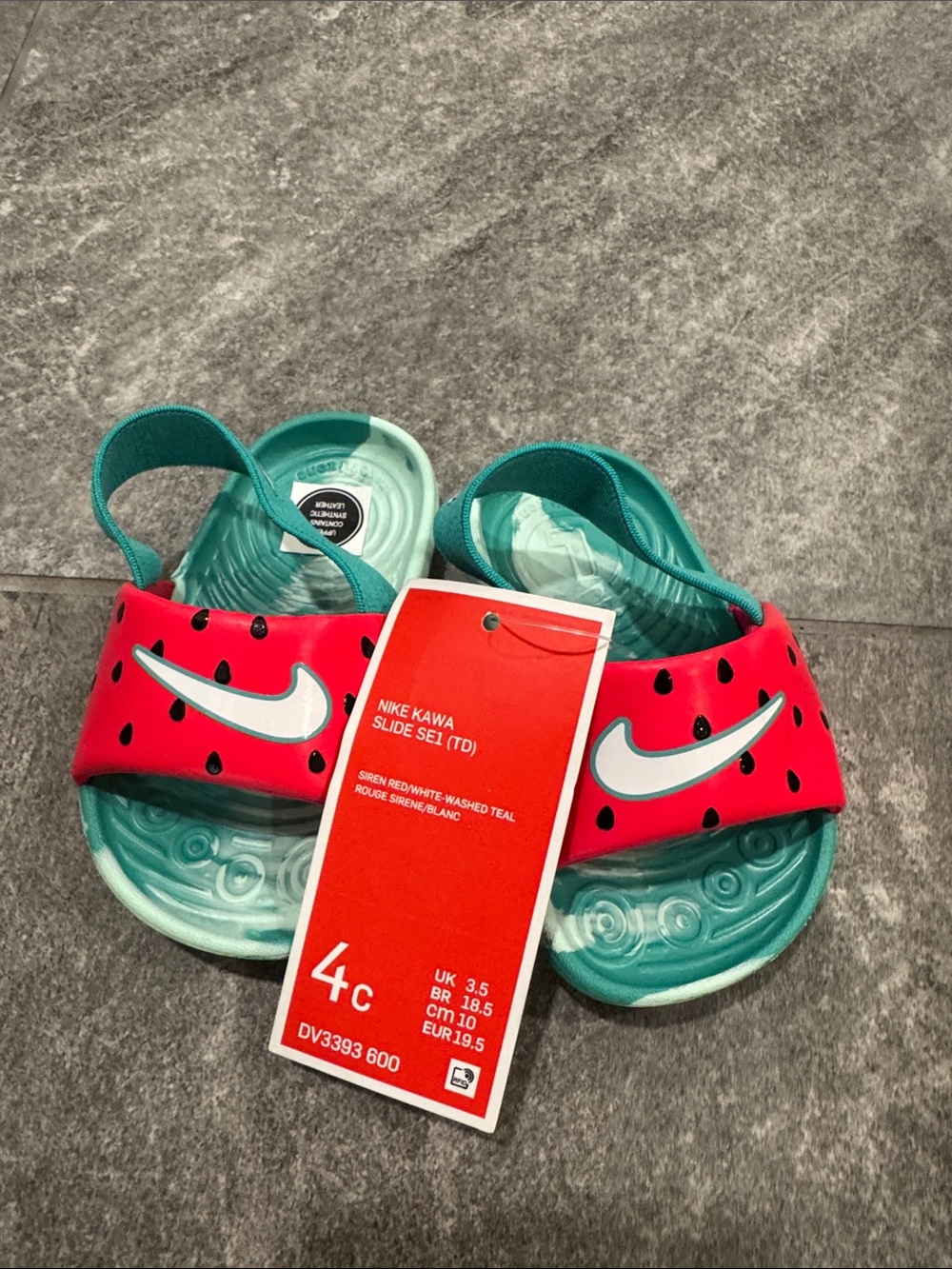 Nike Kids Slide Sandals in Red and Teal with Watermelon Print